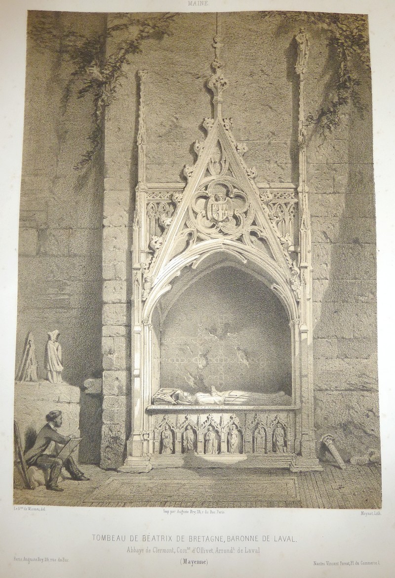 Tombeau de Béatrix de Bretagne, Baronne de Laval. Abbaye de Clermont, Commune d'Ollivet, arrondissement de Laval (Mayenne) (Lithographie)