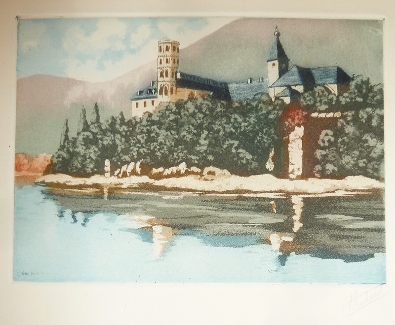 Livre ancien Savoie - Hautecombe (vue du lac) (eau forte en couleurs) - Anonyme
