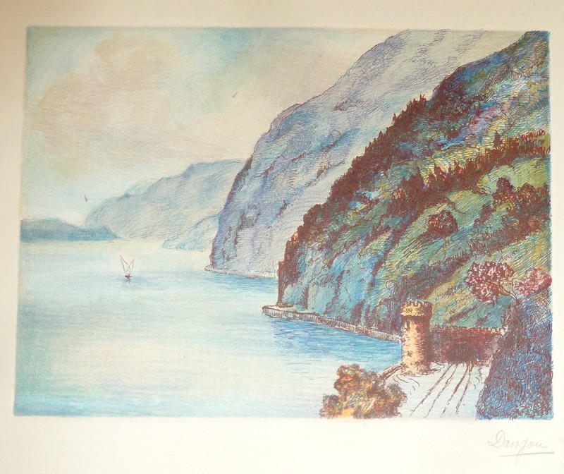 Livre ancien Savoie - Bord du lac du Bourget (eau forte en couleurs) - Dangou