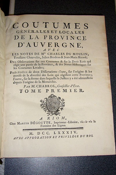 Coutumes générales et locales de la Province d'Auvergne (4 volumes, 1784)