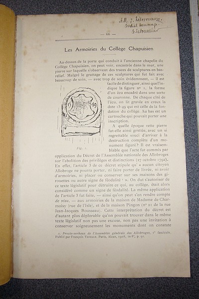Livre ancien Savoie - Les Armoiries du Collège Chapuisien - Letonnelier, G.