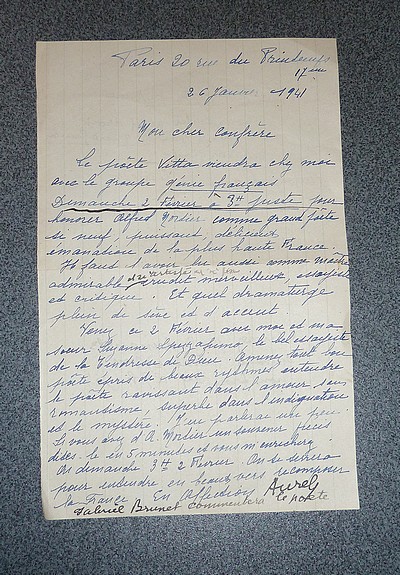 Lettre autographe signée et datée de janvier 1941 - Aurel (Valérie de Faucamberge)