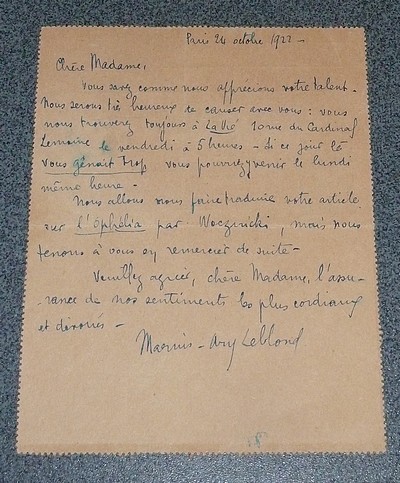 Lettre ayant voyagé, signée et datée du 24 Octobre 1922