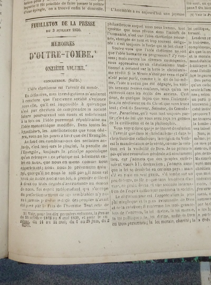 Mémoires d'Outre-Tombe. Publiés en feuilleton dans « La Presse » de 1848 à 1850. Véritable pré-édition originale