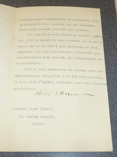 Lettre autographe datée du 15 mars 1911 et signée par Pablo Arosemena, Président de la République du Panama