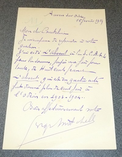 Lettre autographe signée de Georges Mitchell le 15 février 1914 à l'attention de Courteline
