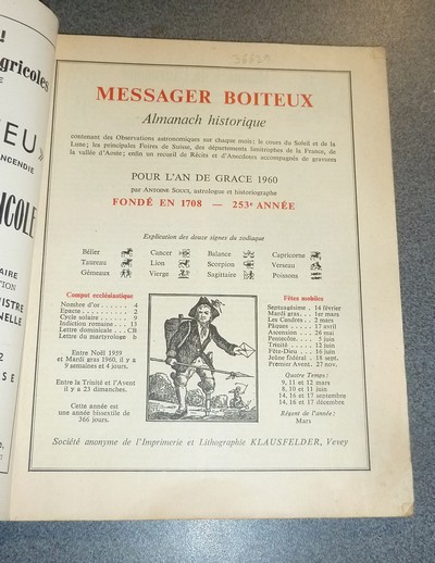 Le Véritable Messager Boiteux de Berne et Vevey, pour l'An de grâce 1960. Almanach historique. 253e année