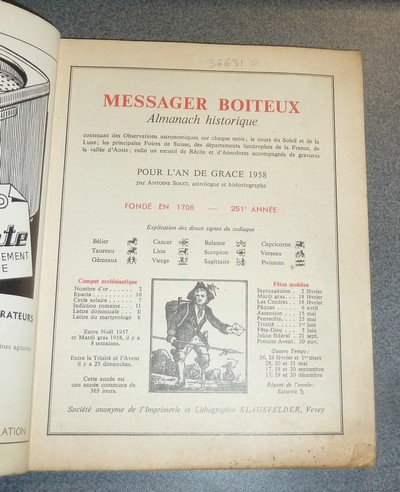 Le Véritable Messager Boiteux de Berne et Vevey, pour l'An de grâce 1958. Almanach historique. 251e année