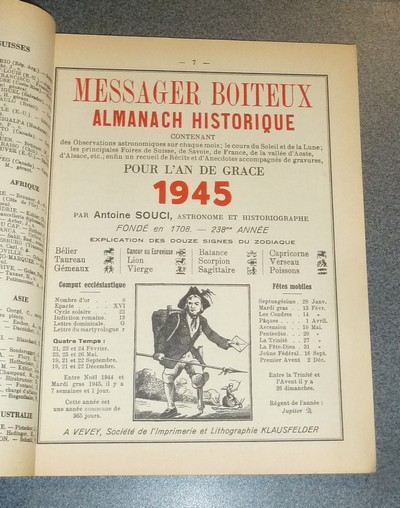 Le Véritable Messager Boiteux de Berne et Vevey, pour l'An de grâce 1945. Almanach historique. 238e année