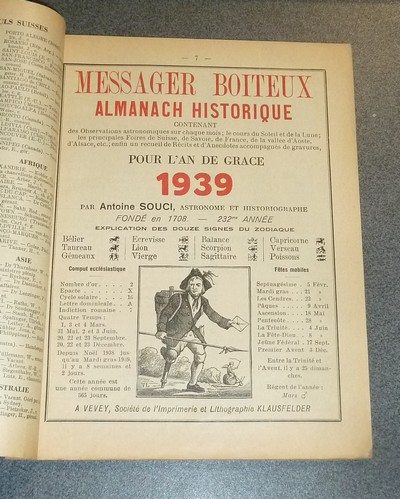 Le Véritable Messager Boiteux de Berne et Vevey, pour l'An de grâce 1939. Almanach historique. 232e année