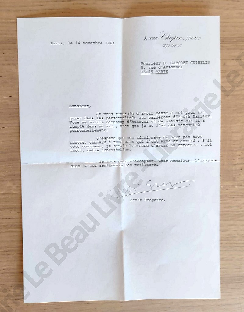 Lettre autographe de 9 lignes signée de Menie Grégoire en date du 14 novembre 1984, avec un article tapuscrit d'une page