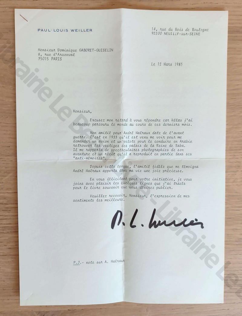 Lettre tapuscrite signée de Paul-Louis Weiller en date du 12 mars 1985, suivi d'une page rendant hommage à André Malraux