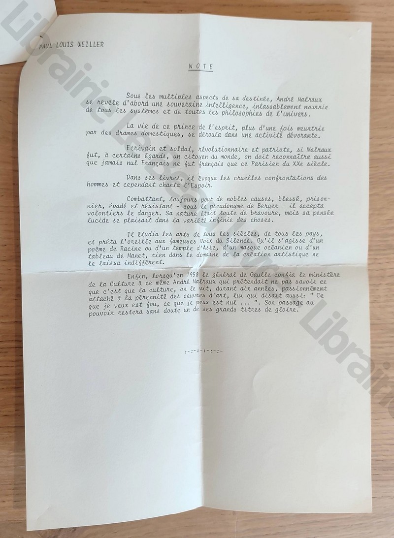 Lettre tapuscrite signée de Paul-Louis Weiller en date du 12 mars 1985, suivi d'une page rendant hommage à André Malraux