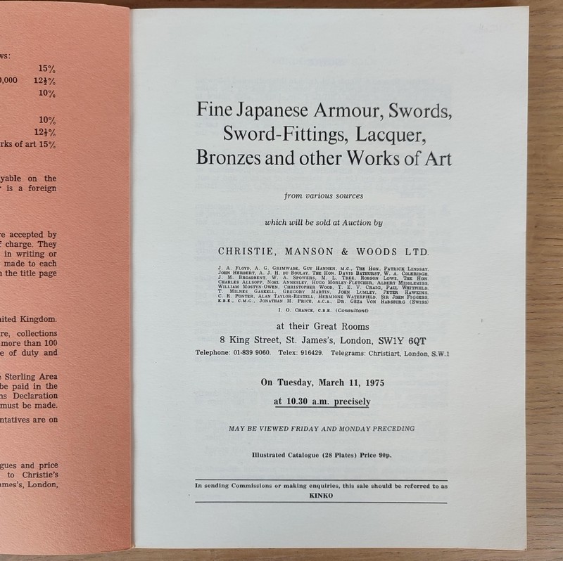 Fine Japanese Armour, Swords, sword-fittings, lacquer, bronzes and other works of art. Christie's, on March 11, 1975