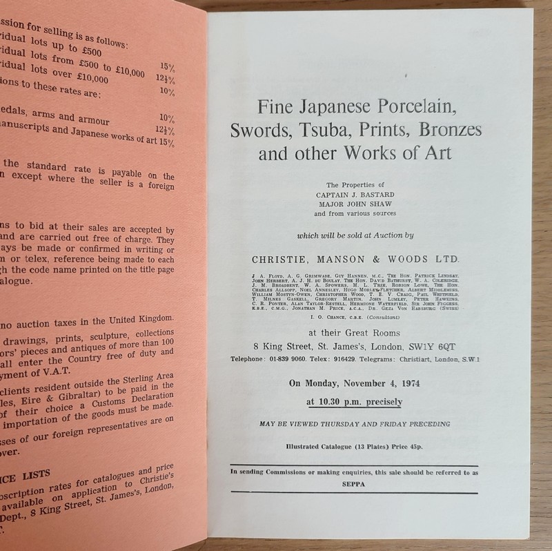 Fine Japanese Porcelain, swords, Tsuba, Prints, bronzes and other works of art. Christie's, on November 4, 1974