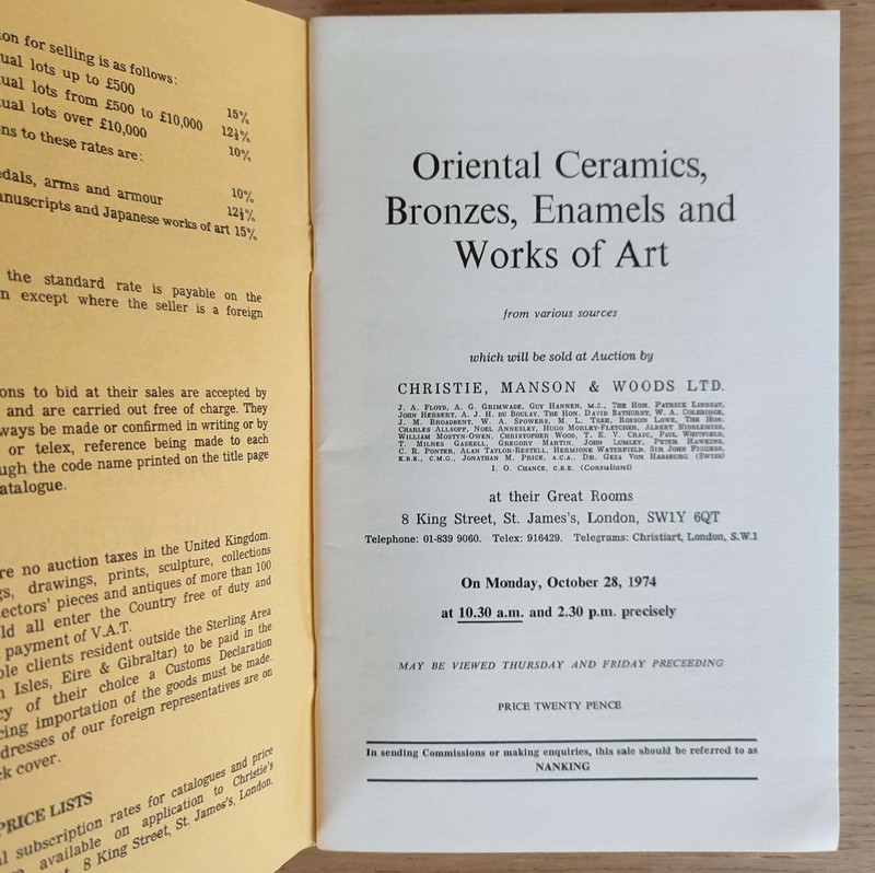 Oriental ceramics, bronzes, enamels and works of art. Christie's, on October 28, 1974