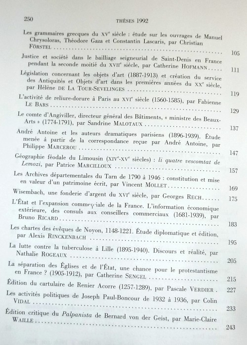 Position des thèses soutenues par les élèves de la promotion de 1992 pour obtenir le Diplôme d'Archiviste Paléographe