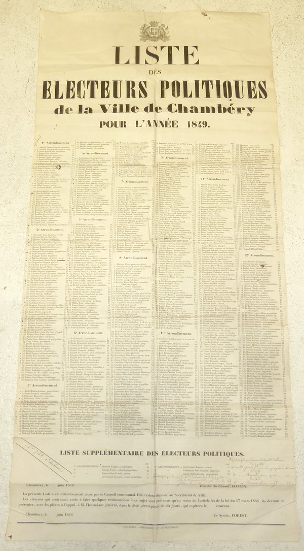 Liste des électeurs politiques de la Ville de Chambéry pour l'année 1849