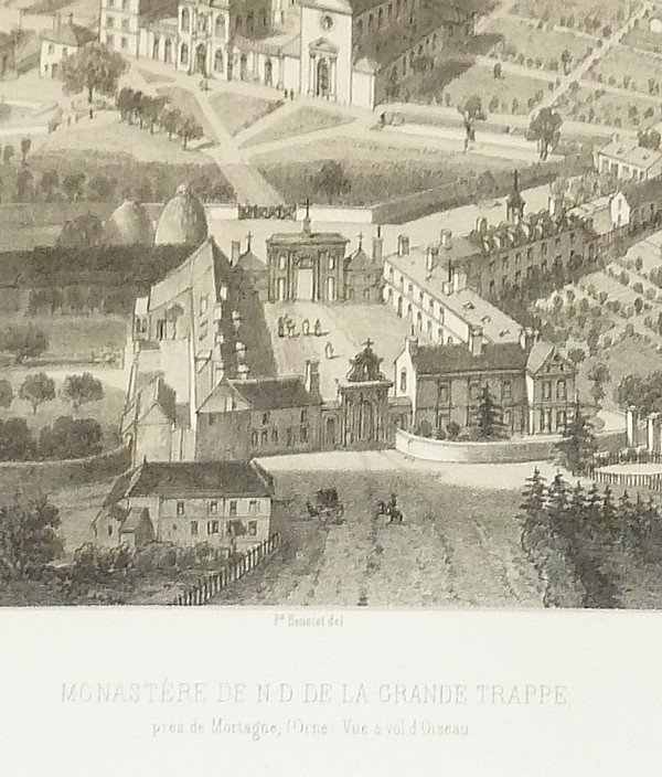 Monastère de N-D. de la Grande Trappe près de Mortagne (Orne) Vue à vol d'oiseau (Lithographie)