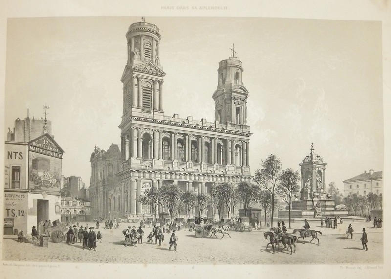 Église St Sulpice et Fontaine de la place St Sulpice (Lithographie)