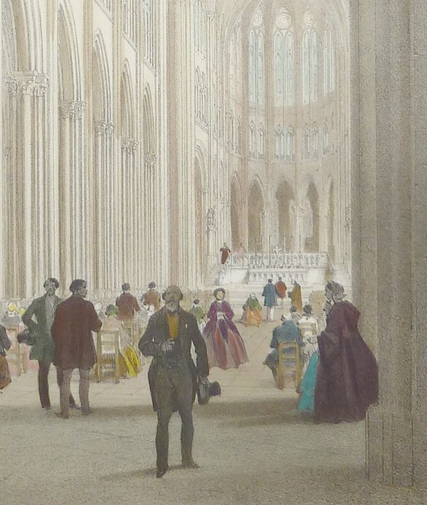 Église de l'Abbaye de St Denis, intérieur vu de dessous l'orgue (lithographie aquarellée)