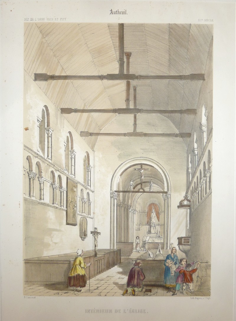 Interieur de l'Église d'Autheuil (Lithographie aquarellée) - Lancelot, D.