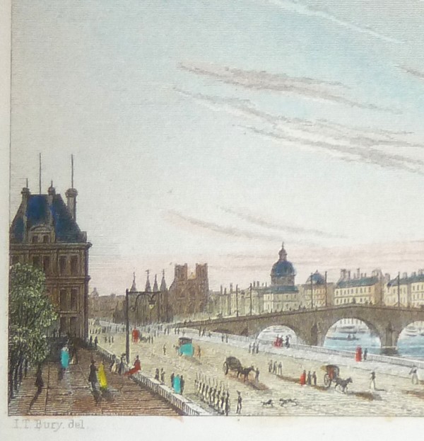 Pont Royal et Hôtel des Gardes du Corps (Gravure aquarellée)