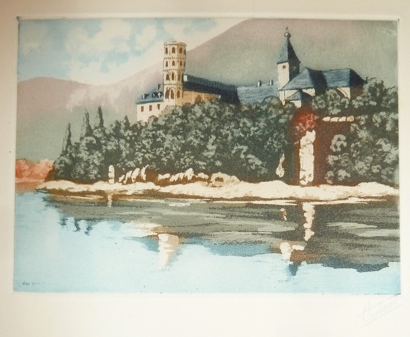 Livre ancien - Hautecombe (vue du lac) (eau forte en couleurs) - Anonyme