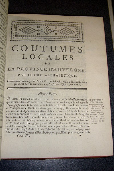 Coutumes générales et locales de la Province d'Auvergne (4 volumes, 1784)