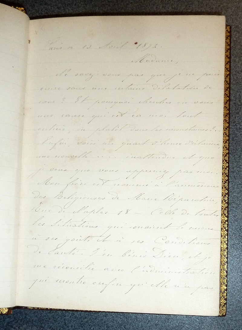 Copie de lettres de correspondance du 10 avril 1894 au 10 octobre 1898