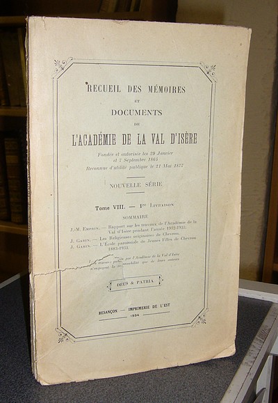 Recueil des Mémoires et documents de l'Académie de La Val d'Isère, Nouvelle série, Tome VIII, 1er...