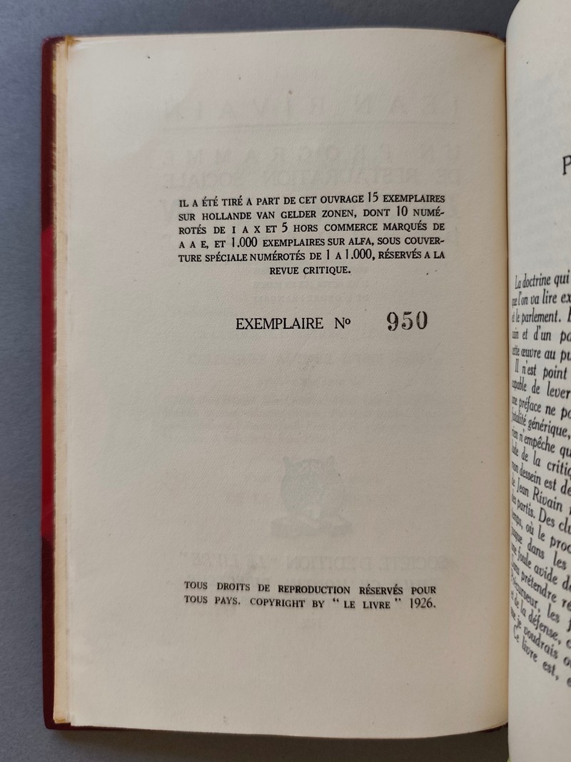 Un programme de restauration sociale, La Tour du Pin précurseur (avec une lettre autographe signée de l'auteur et une reliure signée) et suivi de quelques essais d'un autre age en marge de l'ordre français