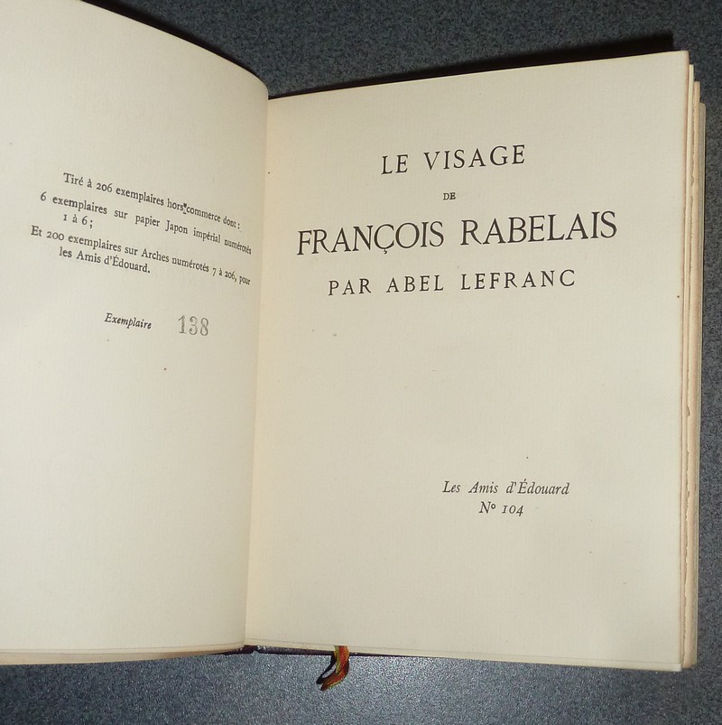 Le visage de François Rabelais (avec une lettre autographe signée de l'auteur et une reliure en maroquin signée)