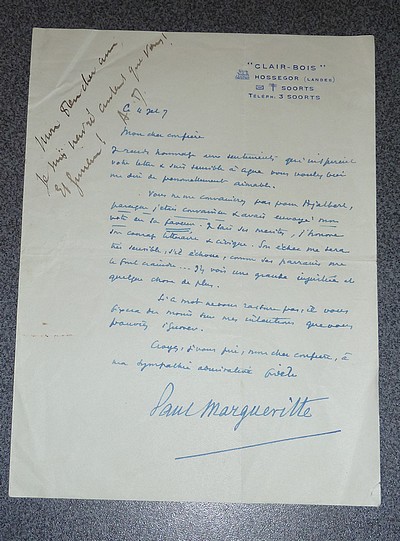 Lettre autographe signée concernant l'Académie Goncourt