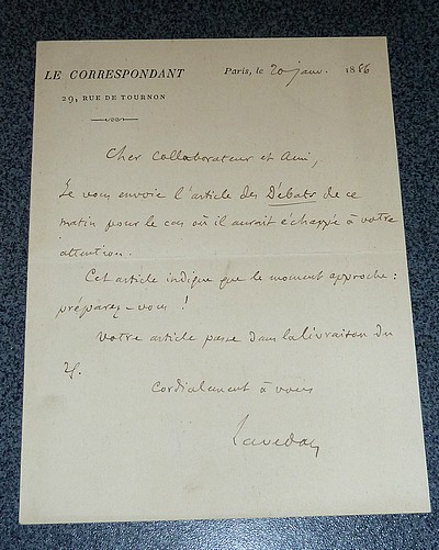 Lettre autographe signée, datée du 20 janvier 1886, à l'entête du journal « Le Correspondant »