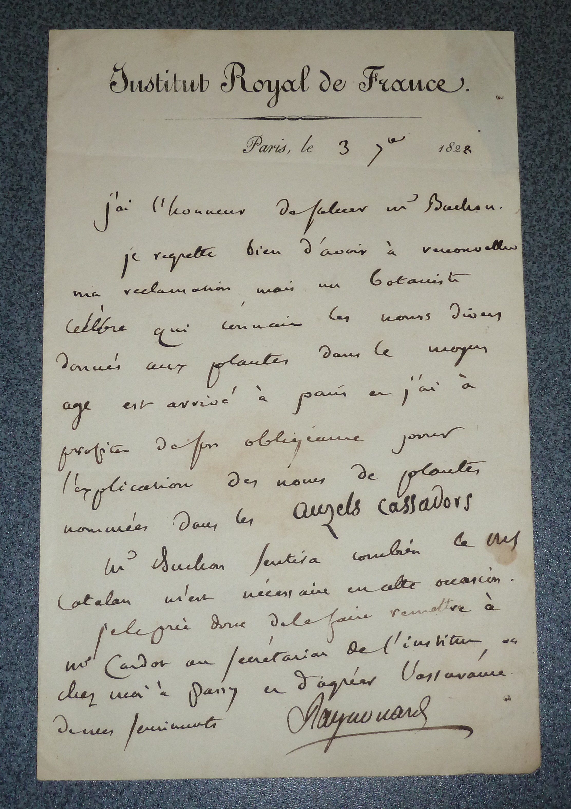 Lettre autographe signée de 1828, à l'entête de l'Institut Royal de France