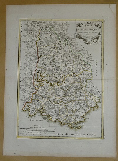 livre ancien - Carte des Gouvernements de Dauphiné et de Provence avec le Comtat Venaissin et la Principauté d'Orange (Carte de 1781) - Bonne Hyd. (Rigobert)