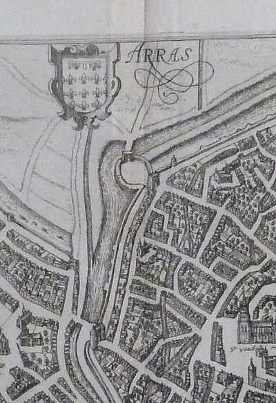 Arras - Carte détaillée de la ville d'Arras avec son écusson, 1582