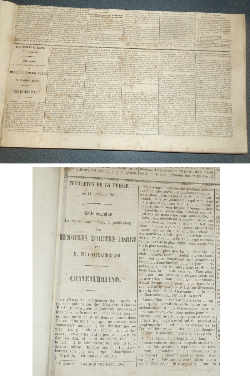 Mémoires d'Outre-Tombe. Publiés en feuilleton dans « La Presse » de 1848 à 1850. Véritable pré-édition originale