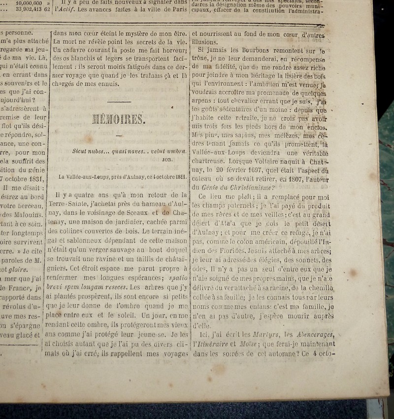 Mémoires d'Outre-Tombe. Publiés en feuilleton dans « La Presse » de 1848 à 1850. Véritable pré-édition originale