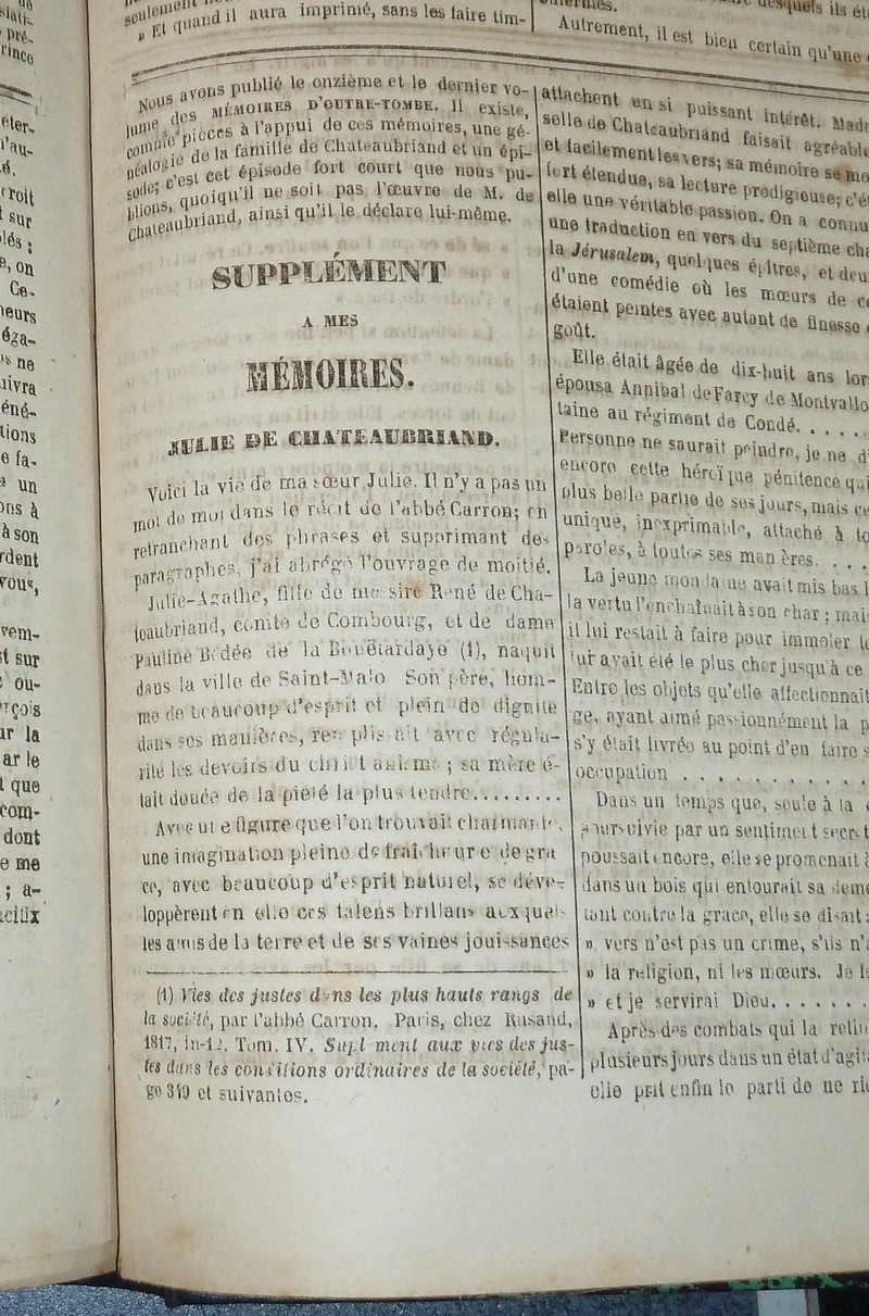 Mémoires d'Outre-Tombe. Publiés en feuilleton dans « La Presse » de 1848 à 1850. Véritable pré-édition originale