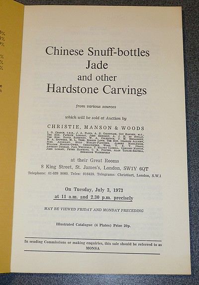 Chinese Snuff-bottles, Jade and other Hardstone Carvings. Christie's, July 3, 1973