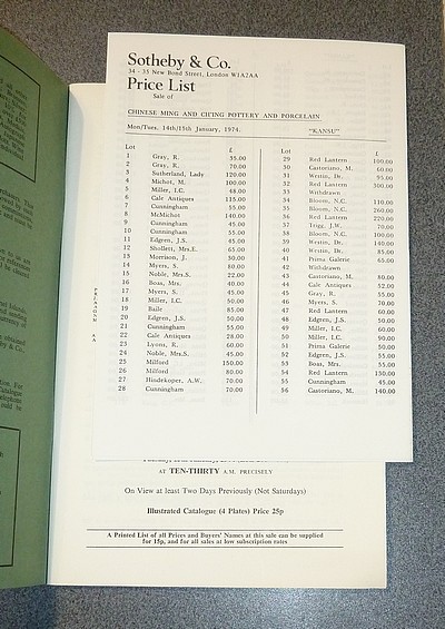 Catalogue of Chinese Ming and Ch'ing pottery and porcelain. Including Property of J. M. Cansick, L. Woodford, S. Axell and Lady A. Miles. Sotheby & Co. Day of sale : Monday 14th and Tuesday 15th, January, 1974