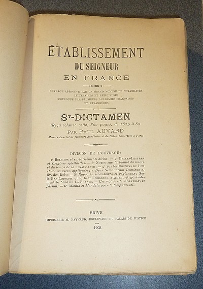 Établissement du Seigneur en France. St-Dictamen