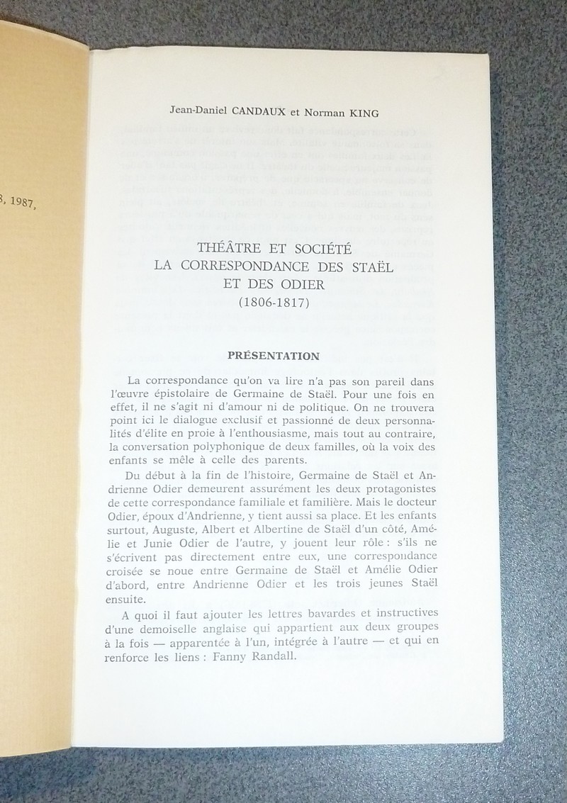 Théâtre et Société, la correspondance des Staël et des Odier (1806-1817)