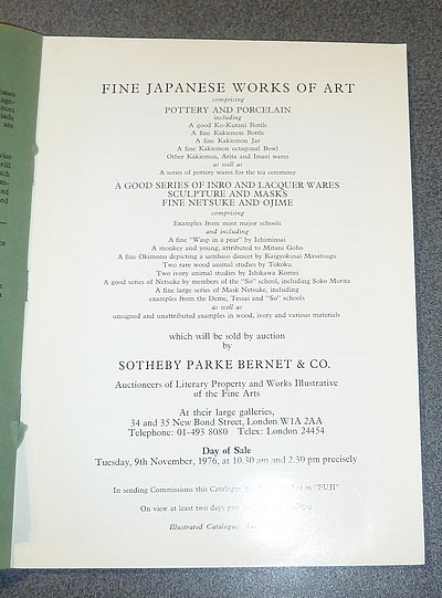 Catalogue of fine Japanese works of art, the property of various Owners. Sotheby's, Tuesday, 9 th November, 1976