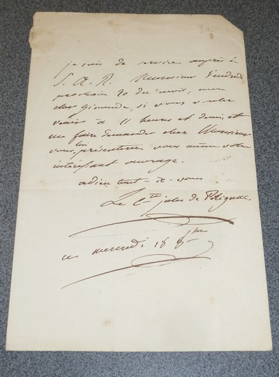 Lettre autographe signée et datée du 13 octobre 1815 par le Comte Jules de Polignac