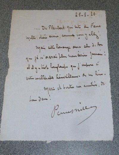 Lettre autographe datée du 25 mai 1920 et signée par Pierre Mille