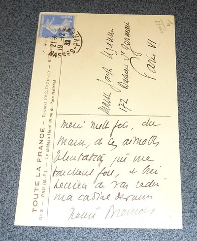 Carte postale manuscrite ayant voyagé, signée de Henri Brémond en date de décembre 1932 (lettre)