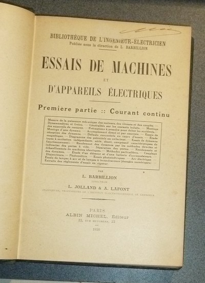 Essais de Machines et d'appareils électriques (2 volumes). Courant continu - Courants alternatifs